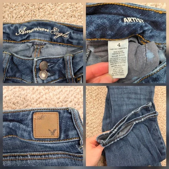 American Eagle Artist Flare Denim Jeans Low Rise Double Button 4 REG Distressed - Picture 6 of 7